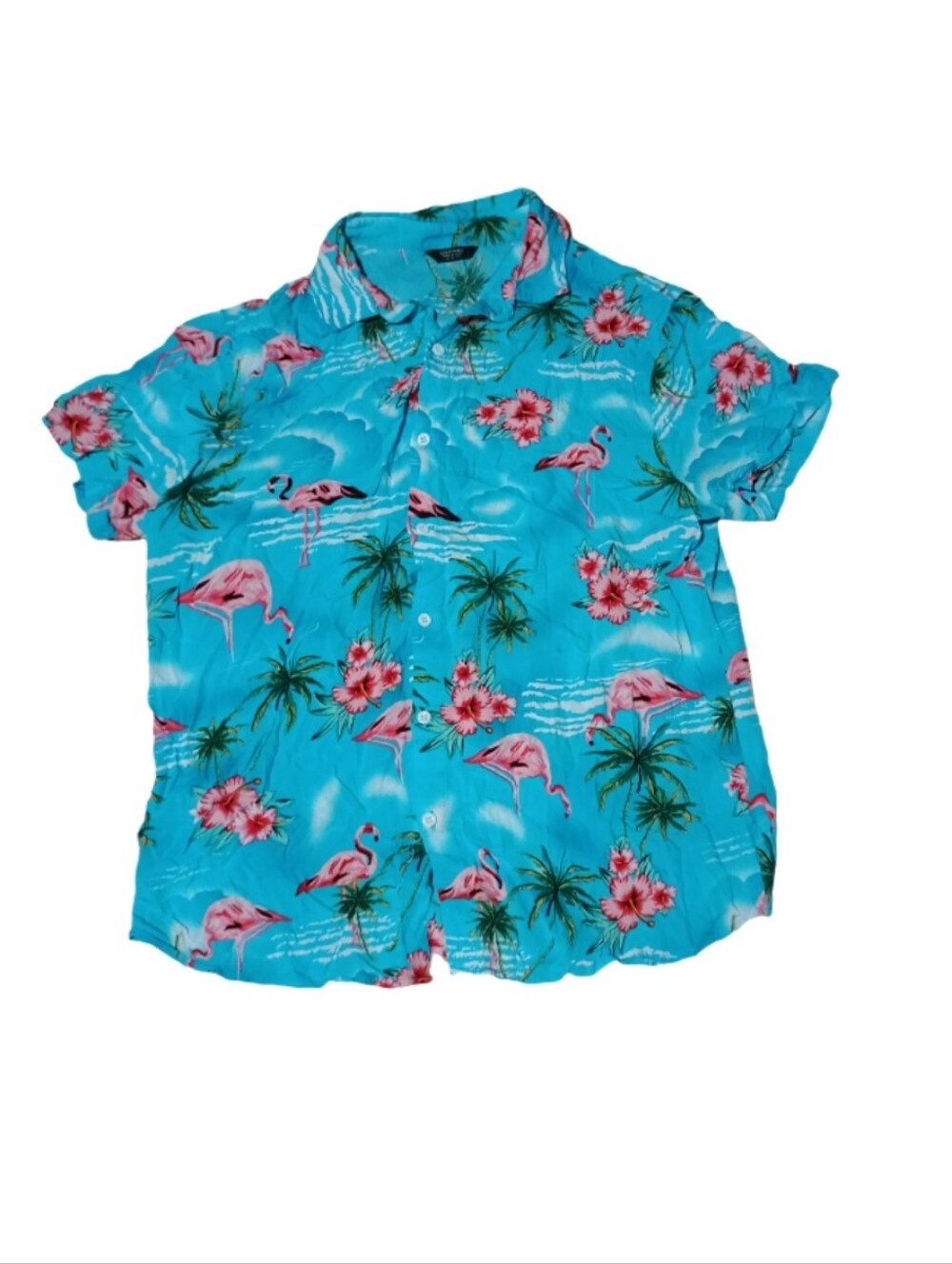Casual Short-Sleeve Flamingo Print Button-Down Shirt - Turquoise